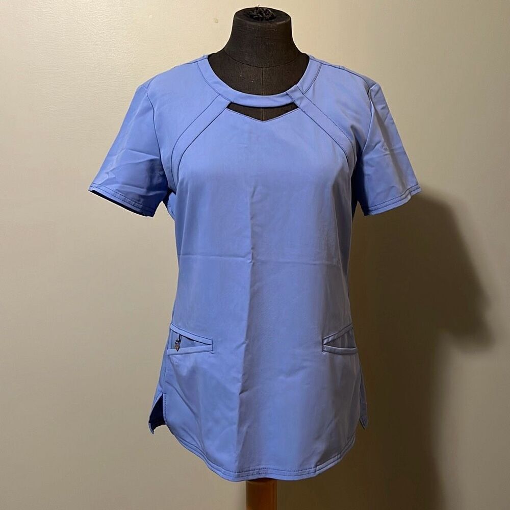 Careisma by Sofia Vergara Women's Blue Round Cutout Neck Solid Scrub Top